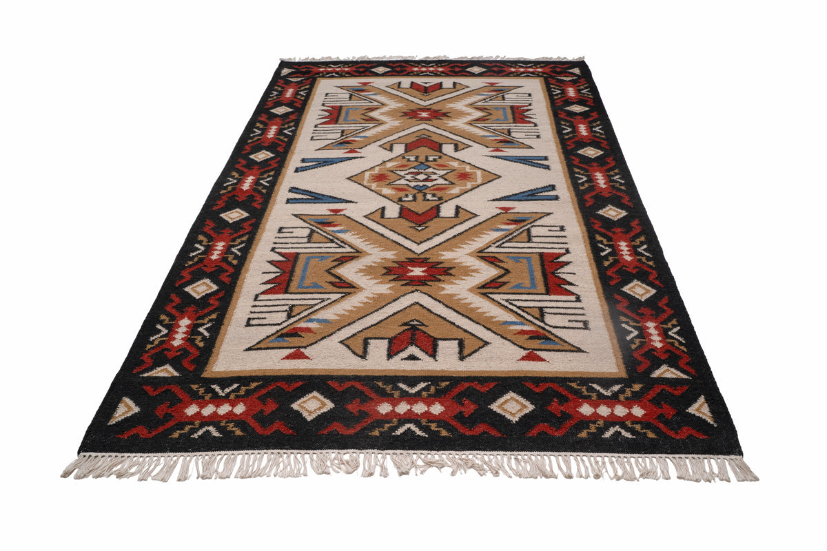 Handwoven Wool Kilim Durrie Rug, Tribal Geometric Area Rug, Multicolor Southwestern Flatweave Carpet
