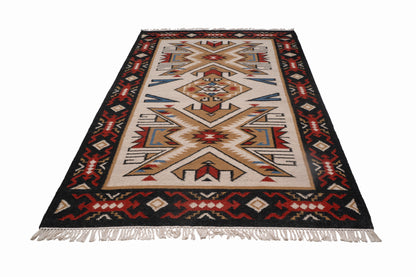 Handwoven Wool Kilim Durrie Rug, Tribal Geometric Area Rug, Multicolor Southwestern Flatweave Carpet