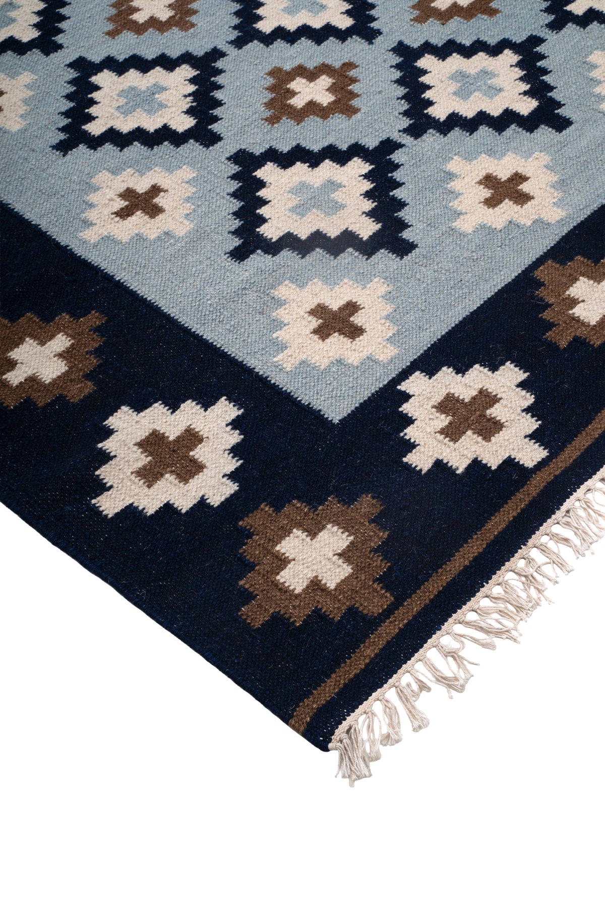 Handwoven Wool Kilim Durrie Rug – Navy Blue Geometric Moroccan-Inspired Area Rug