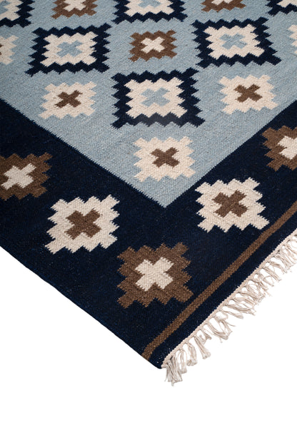 Handwoven Wool Kilim Durrie Rug – Navy Blue Geometric Moroccan-Inspired Area Rug