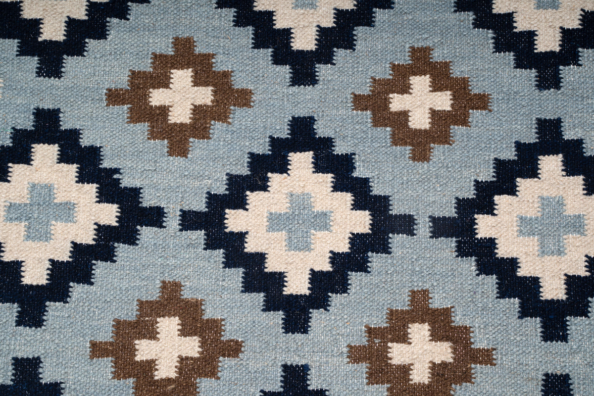 Handwoven Wool Kilim Durrie Rug – Navy Blue Geometric Moroccan-Inspired Area Rug