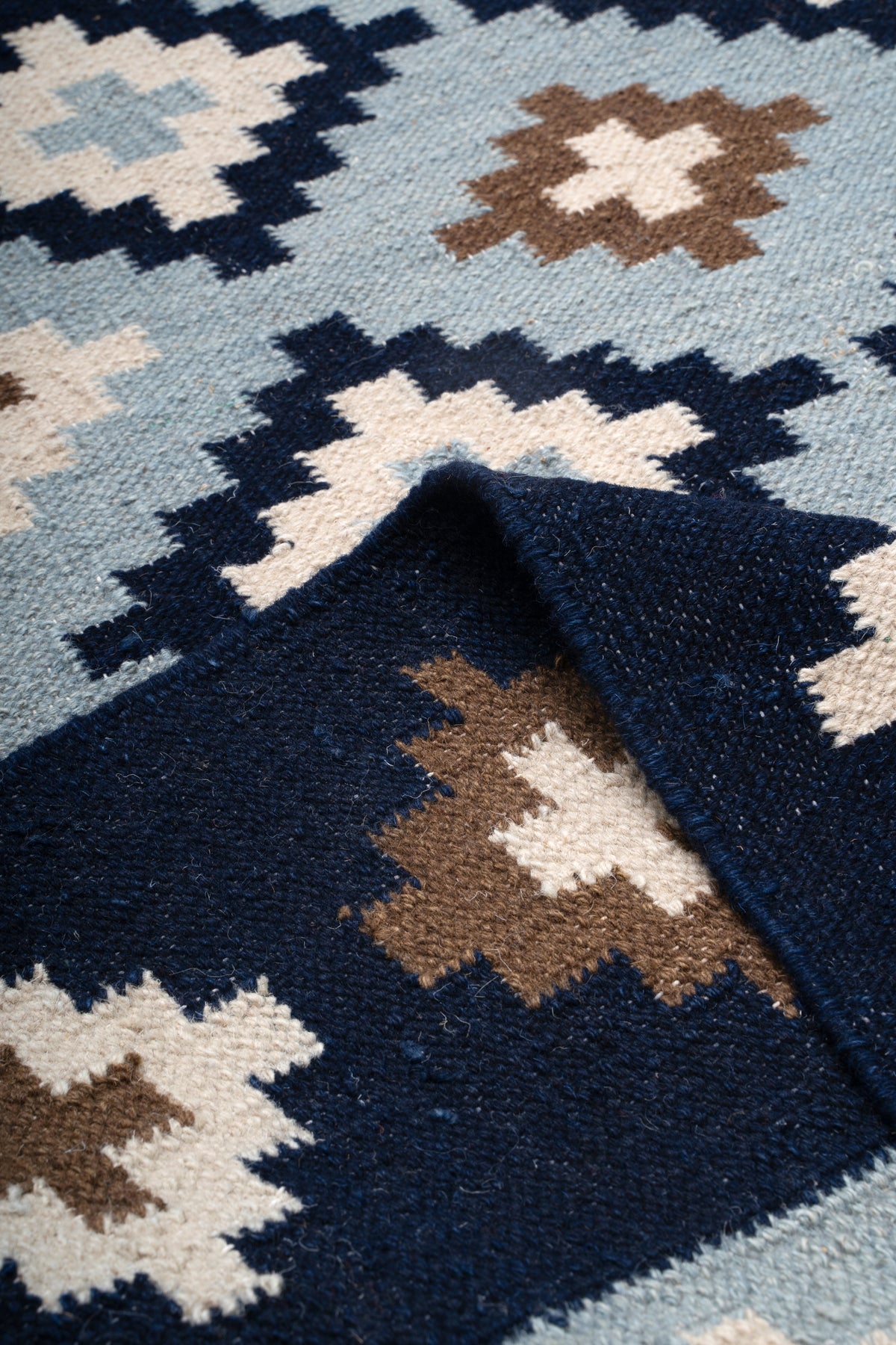 Handwoven Wool Kilim Durrie Rug – Navy Blue Geometric Moroccan-Inspired Area Rug