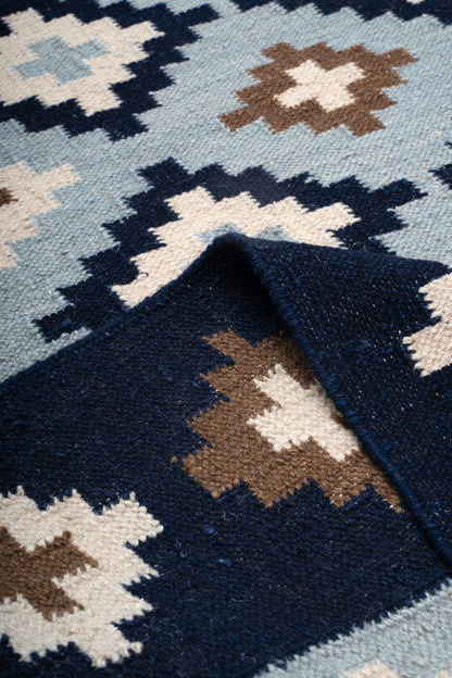 Handwoven Wool Kilim Durrie Rug – Navy Blue Geometric Moroccan-Inspired Area Rug