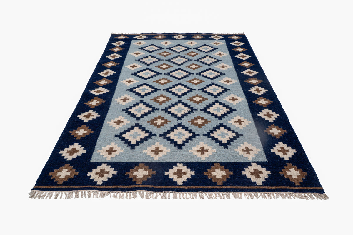 Handwoven Wool Kilim Durrie Rug – Navy Blue Geometric Moroccan-Inspired Area Rug