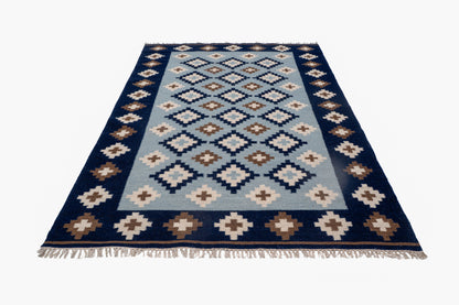 Handwoven Wool Kilim Durrie Rug – Navy Blue Geometric Moroccan-Inspired Area Rug