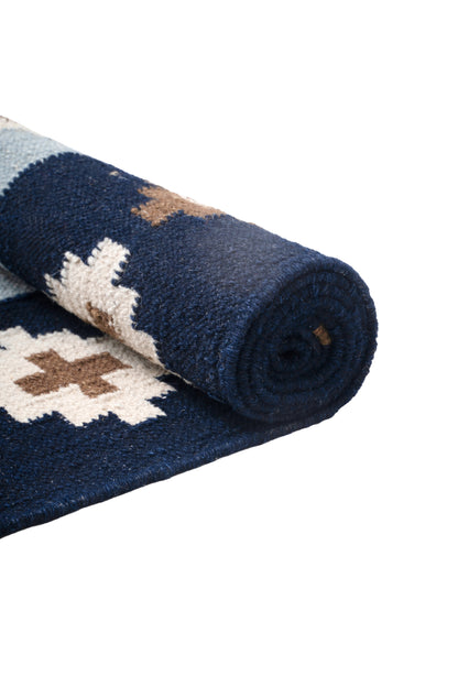 Handwoven Wool Kilim Durrie Rug – Navy Blue Geometric Moroccan-Inspired Area Rug