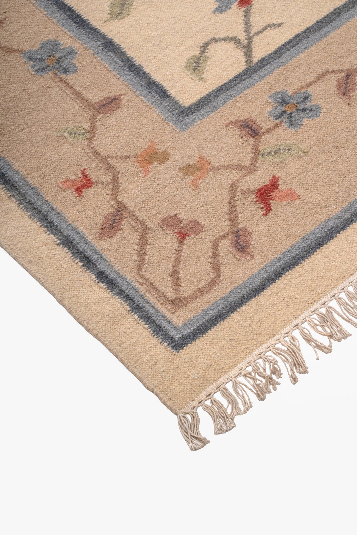 Hand-Woven Woolen Durrie – Beige & Blue Floral Vine Pattern Area Rug (80% Wool, 20% Cotton)