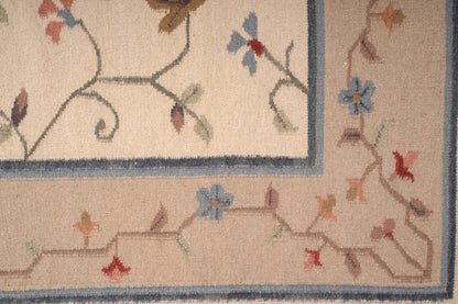 Hand-Woven Woolen Durrie – Beige & Blue Floral Vine Pattern Area Rug (80% Wool, 20% Cotton)