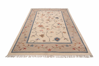 Hand-Woven Woolen Durrie – Beige & Blue Floral Vine Pattern Area Rug (80% Wool, 20% Cotton)