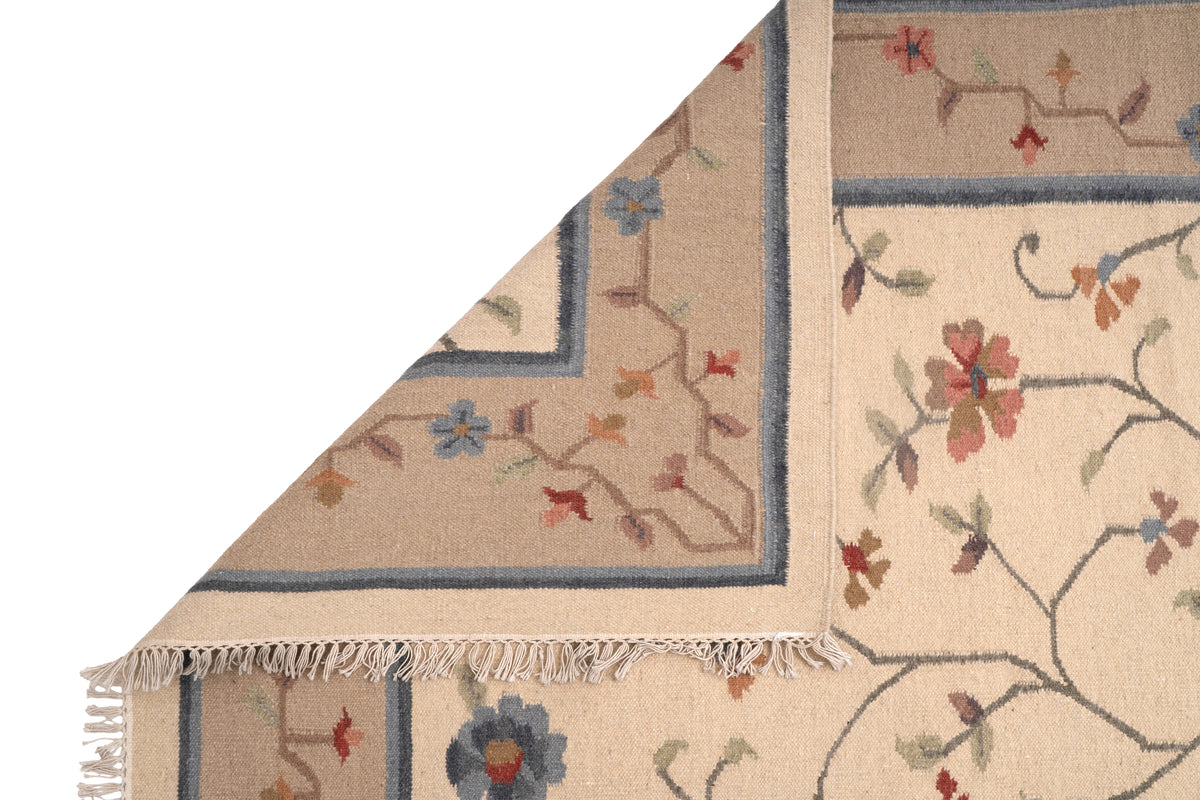 Hand-Woven Woolen Durrie – Beige & Blue Floral Vine Pattern Area Rug (80% Wool, 20% Cotton)