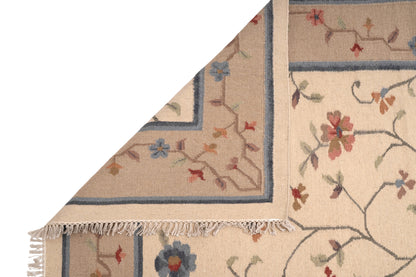 Hand-Woven Woolen Durrie – Beige & Blue Floral Vine Pattern Area Rug (80% Wool, 20% Cotton)