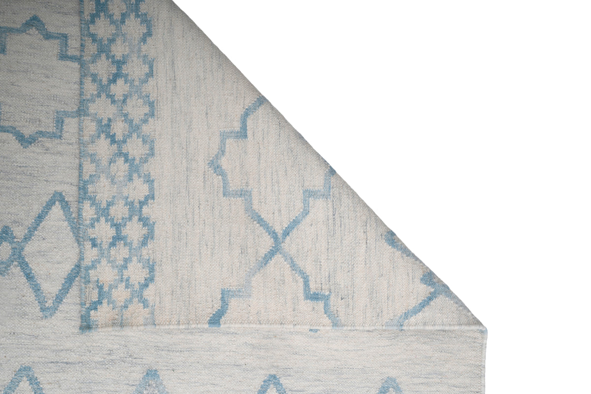 Blue & Ivory Handwoven Wool Kilim Durrie Rug | Geometric Flatweave Area Rug
