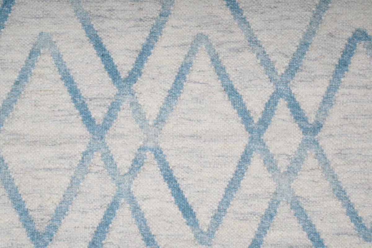 Blue & Ivory Handwoven Wool Kilim Durrie Rug | Geometric Flatweave Area Rug