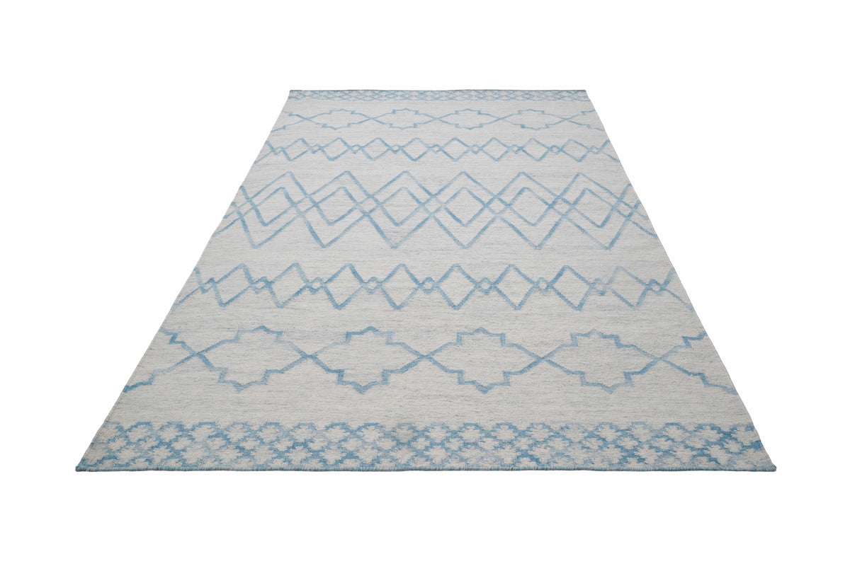 Blue & Ivory Handwoven Wool Kilim Durrie Rug | Geometric Flatweave Area Rug