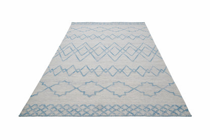 Blue & Ivory Handwoven Wool Kilim Durrie Rug | Geometric Flatweave Area Rug