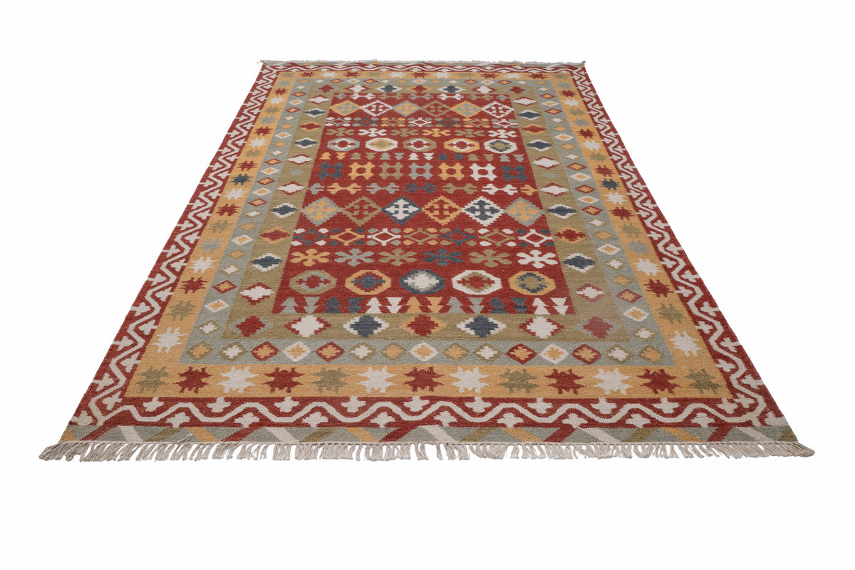 Handwoven Wool Kilim Rug, Multicolor Geometric Tribal Area Rug, Traditional Southwestern Flatweave Carpet, Bohemian Home Decor