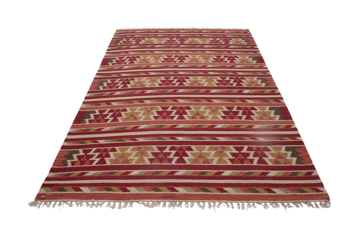 Traditional Handwoven Kilim Area Rug – Terracotta Geometric Tribal Pattern with Earthy Tones and Fringed Ends