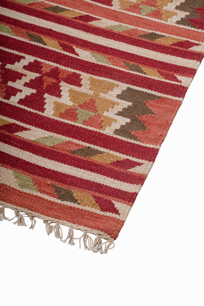 Traditional Handwoven Kilim Area Rug – Terracotta Geometric Tribal Pattern with Earthy Tones and Fringed Ends