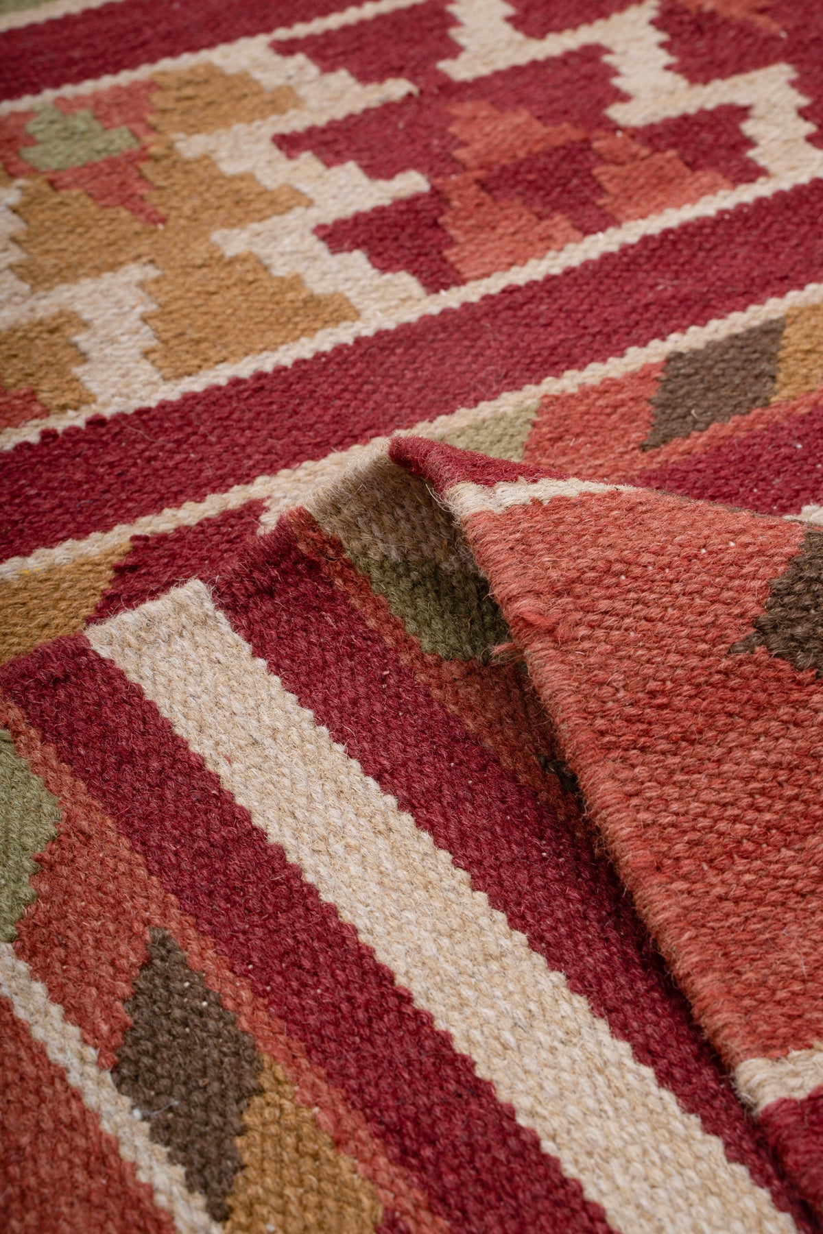 Traditional Handwoven Kilim Area Rug – Terracotta Geometric Tribal Pattern with Earthy Tones and Fringed Ends