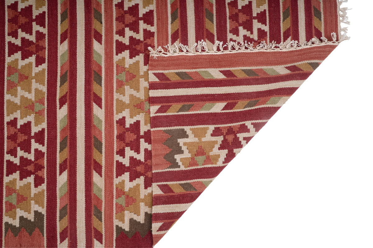 Traditional Handwoven Kilim Area Rug – Terracotta Geometric Tribal Pattern with Earthy Tones and Fringed Ends