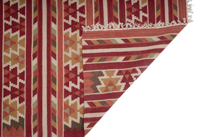 Traditional Handwoven Kilim Area Rug – Terracotta Geometric Tribal Pattern with Earthy Tones and Fringed Ends