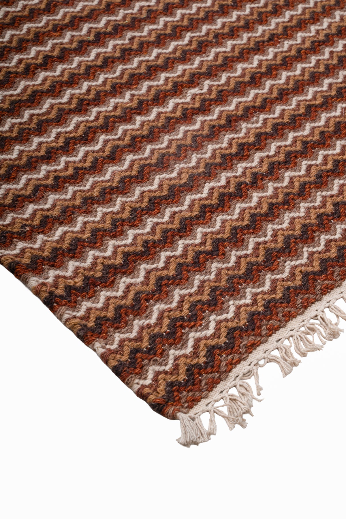 Handwoven Kilim Rug, Rustic Brown Striped Area Rug, Geometric Flat Weave Wool Rug with Fringe, 1300 GSM