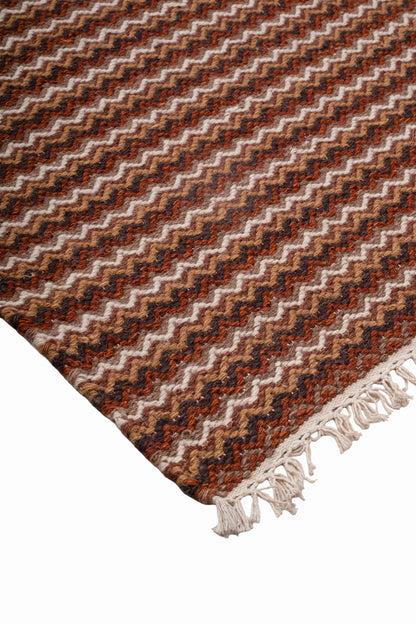 Handwoven Kilim Rug, Rustic Brown Striped Area Rug, Geometric Flat Weave Wool Rug with Fringe, 1300 GSM