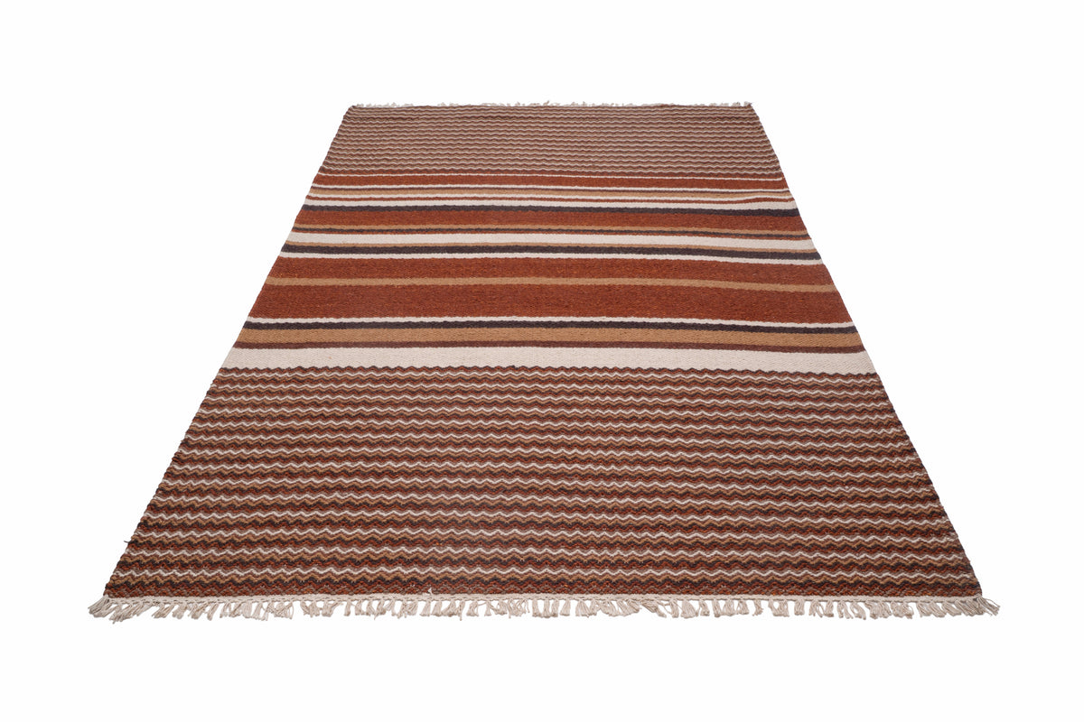 Handwoven Kilim Rug, Rustic Brown Striped Area Rug, Geometric Flat Weave Wool Rug with Fringe, 1300 GSM