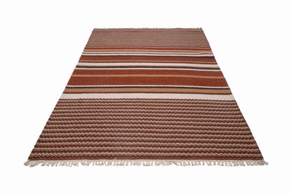 Handwoven Kilim Rug, Rustic Brown Striped Area Rug, Geometric Flat Weave Wool Rug with Fringe, 1300 GSM