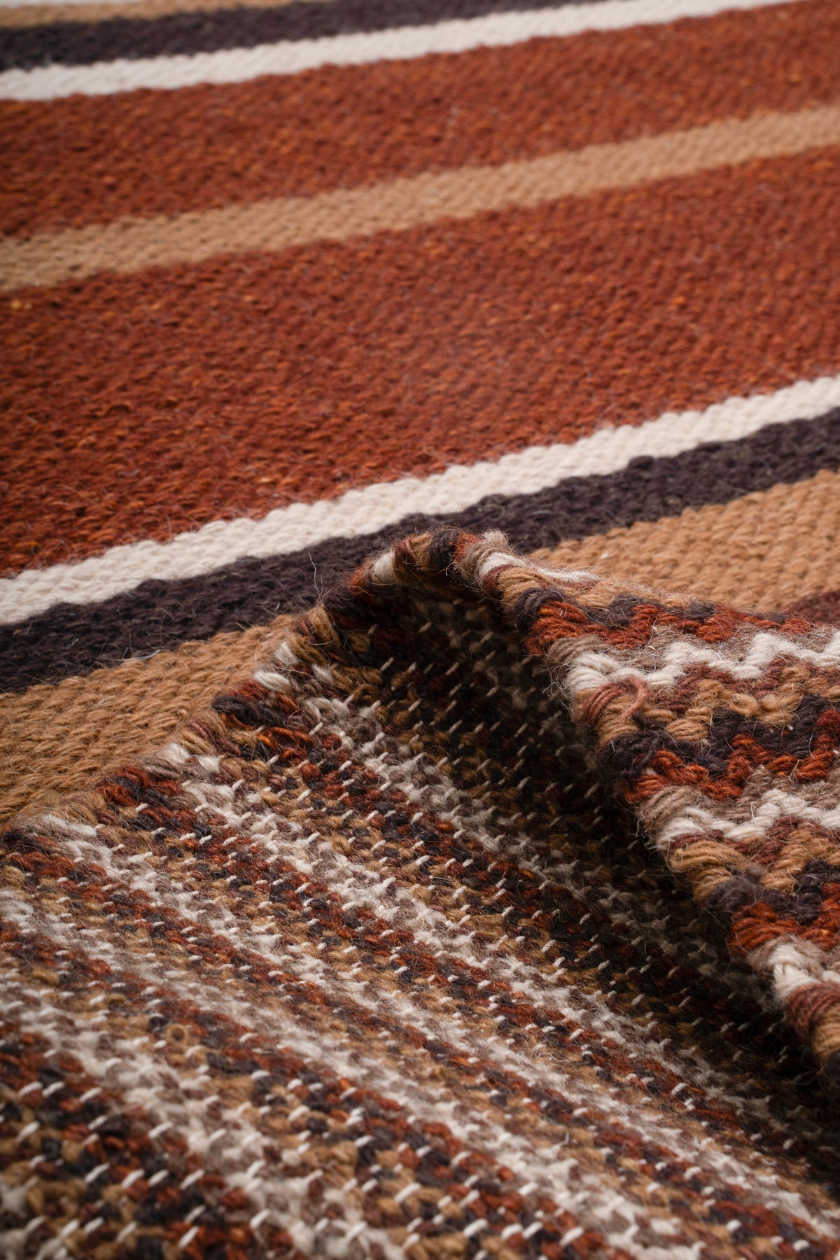 Handwoven Kilim Rug, Rustic Brown Striped Area Rug, Geometric Flat Weave Wool Rug with Fringe, 1300 GSM
