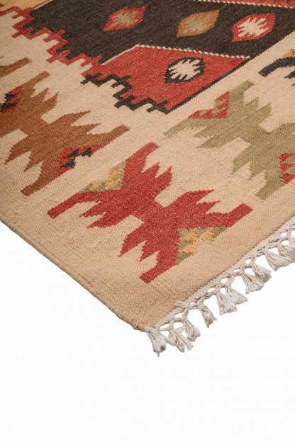 Traditional Handwoven Kilim Area Rug – Multicolor Tribal Geometric Pattern with Earthy Tones and Fringed Ends