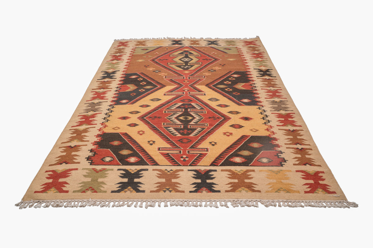 Traditional Handwoven Kilim Area Rug – Multicolor Tribal Geometric Pattern with Earthy Tones and Fringed Ends