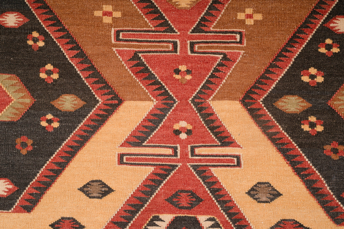 Traditional Handwoven Kilim Area Rug – Multicolor Tribal Geometric Pattern with Earthy Tones and Fringed Ends