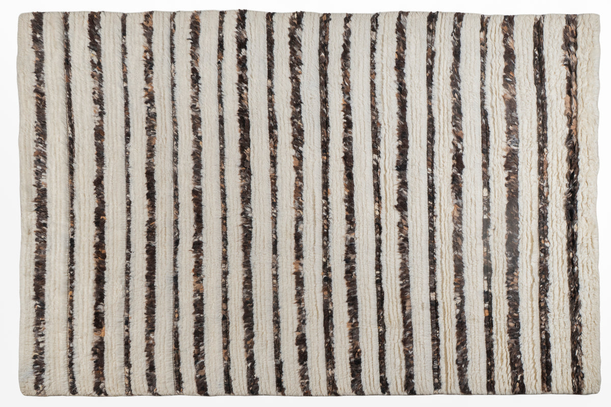 Moroccan Brown & Ivory Wool Rug – 100% New Zealand Wool | Handwoven Striped Textured Area Rug
