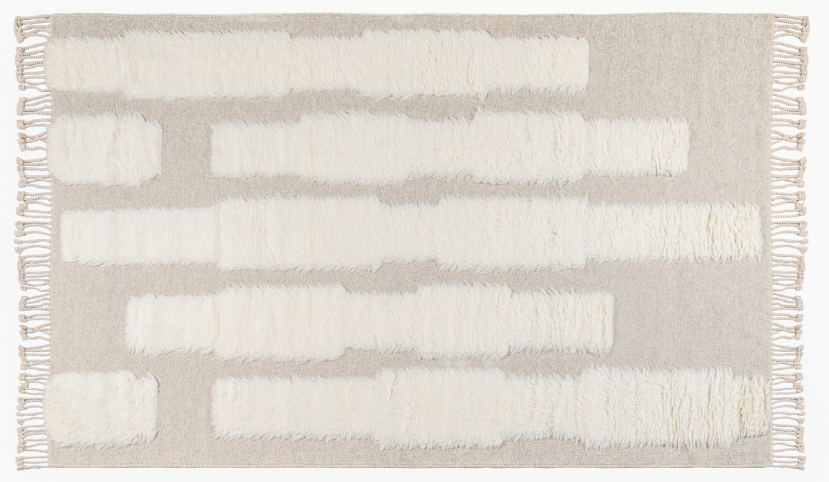Moroccan Ivory & Beige Wool Rug – Textured Handwoven Area Rug with Fringe | Luxury Moroccan Rug