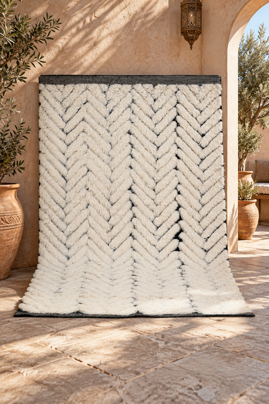 Hand Knotted Moroccan Wool Rug – Ivory & Black Chevron Pattern | Luxury High Pile Rug
