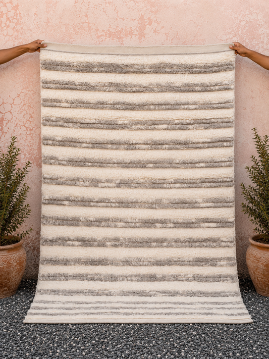 Hand Knotted Moroccan Wool Rug – Ivory & Grey Textured Striped Design