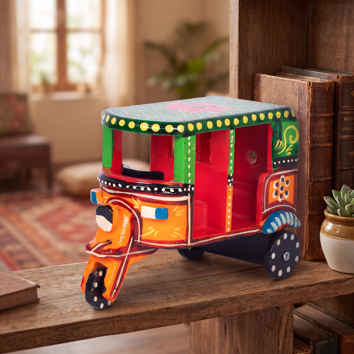 Handcrafted Wooden Auto Rickshaw – Colorful Indian Folk Art Miniature Tuk Tuk Decor
