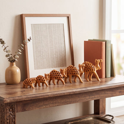 Hand Carved Wooden Camel Family Set – Traditional Indian Camel Figurines Set of 5 for Home Décor