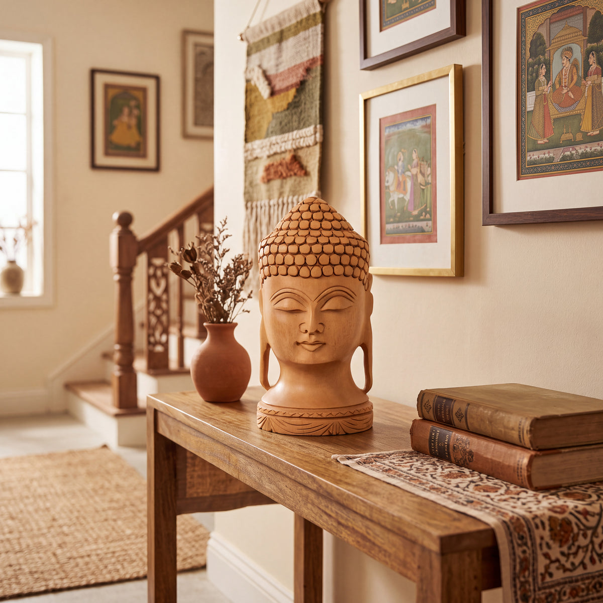 Hand Carved Wooden Buddha Head Sculpture – Meditation Buddha Statue for Home Décor