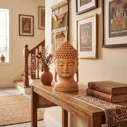 Hand Carved Wooden Buddha Head Sculpture – Meditation Buddha Statue for Home Décor