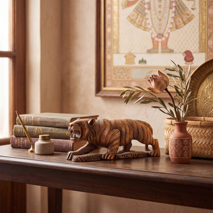 Hand Carved Wooden Tiger Sculpture – Traditional Indian Wild Animal Figurine Home Décor