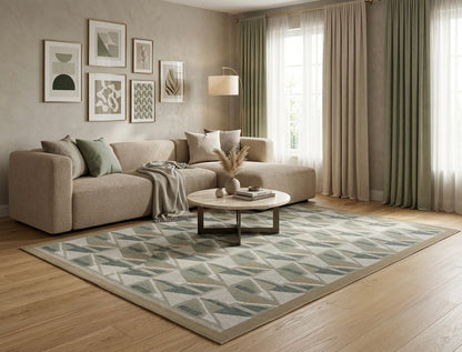 Handwoven Kilim Rug, Sage Beige Triangle Geometric Flatweave Rug, Scandinavian Wool Area Rug