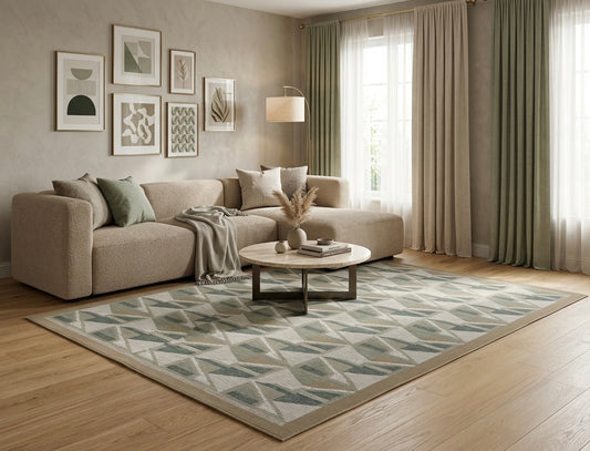 Handwoven Kilim Rug, Sage Beige Triangle Geometric Flatweave Rug, Scandinavian Wool Area Rug