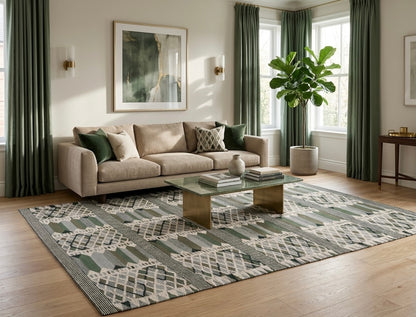 Swedish Rölakan-Style Handwoven Scandinavian Rug | Green, Grey & Ivory Geometric Wool Rug