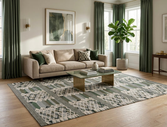 Swedish Rölakan-Style Handwoven Scandinavian Rug | Green, Grey & Ivory Geometric Wool Rug