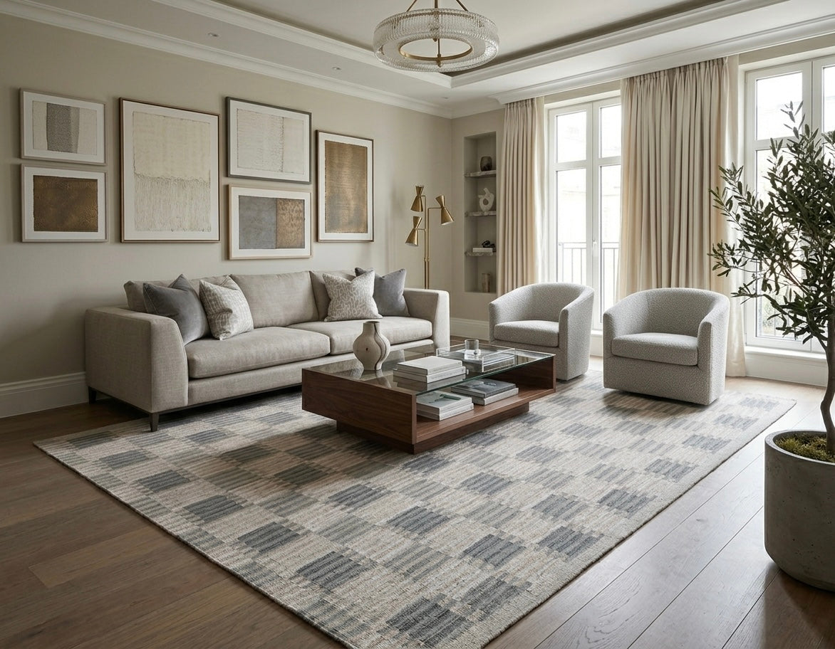 Handwoven Kilim Rug, Grey Beige Abstract Block Flatweave Rug, Modern Scandinavian Wool Area Rug