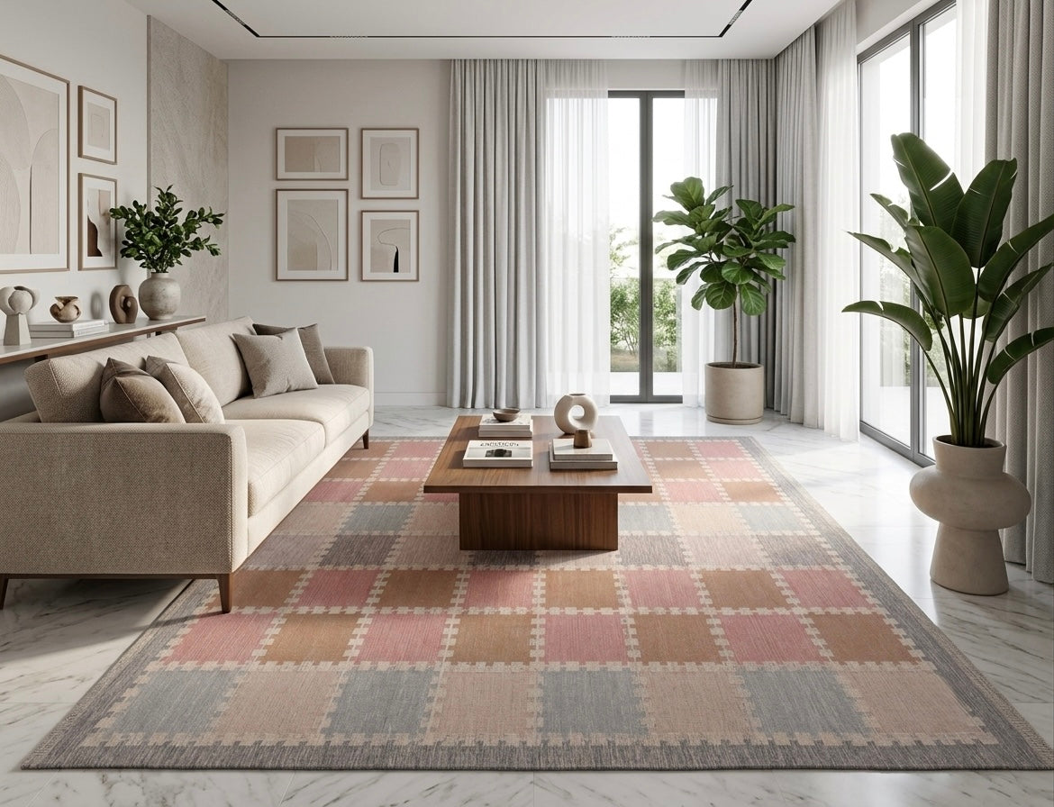 Handwoven Scandinavian Geometric Area Rug, Dusty Pink Taupe Grey Wool Carpet