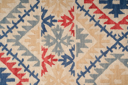 Handwoven Geometric Kilim Durrie Rug | Beige & Navy