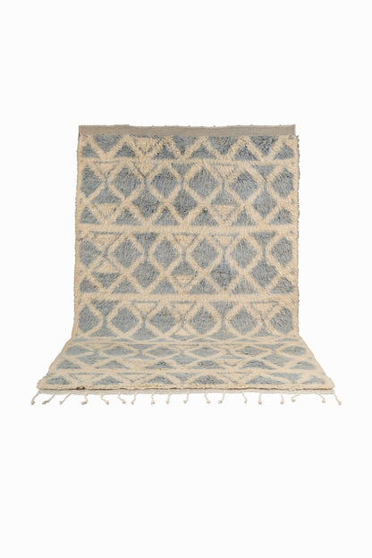 Hand Knotted Moroccan Wool Rug – Cream and Blue Geometric Shag Area Rug